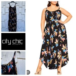 City Chic Grenada Floral Maxi Dress Black Lace Up V Neck Sleeveless Plus Size 18